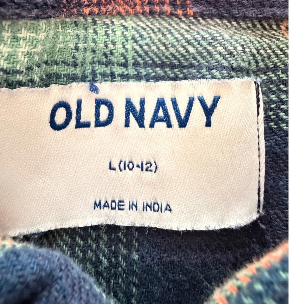 Old Navy Boys Blue Orange Plaid Flannel Button Down Shirt L 10-12 Soft!